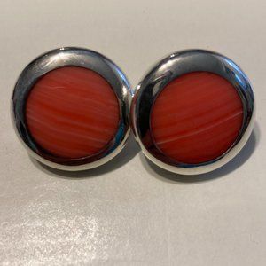 Taxco Sterling silver button pierced earrings with red coral insets, TG 187